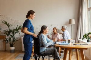 Older adult choosing clothing in a bright assisted living room with a caregiver nearby.
